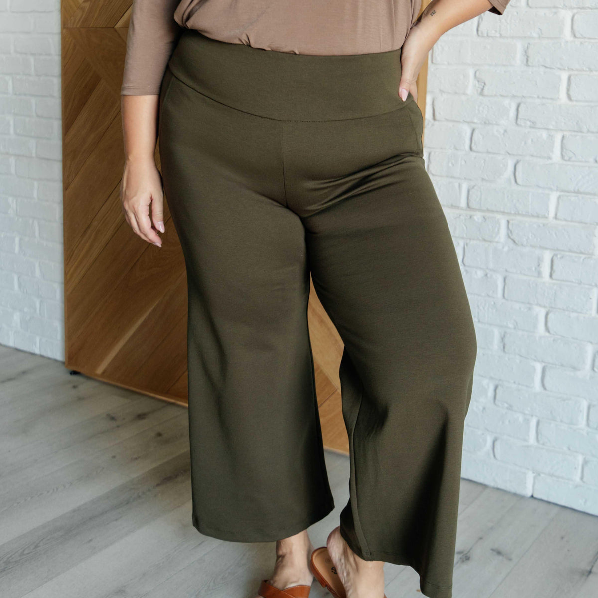 Magic Wide Leg Crop Pants in Olive - Three Mad Hatters Mercantile 
