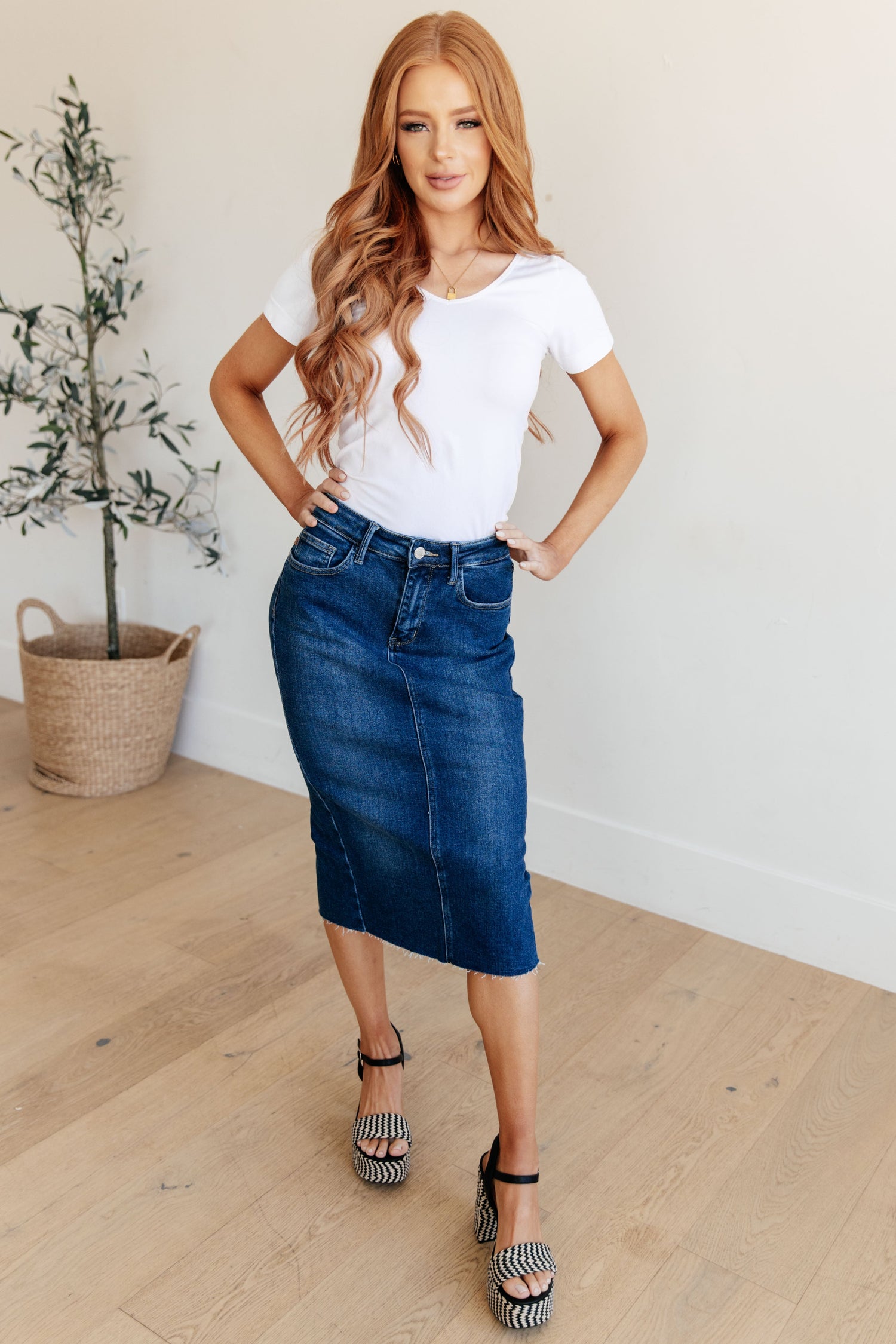 Marcy High Rise Denim Midi Skirt Womens Skirts   