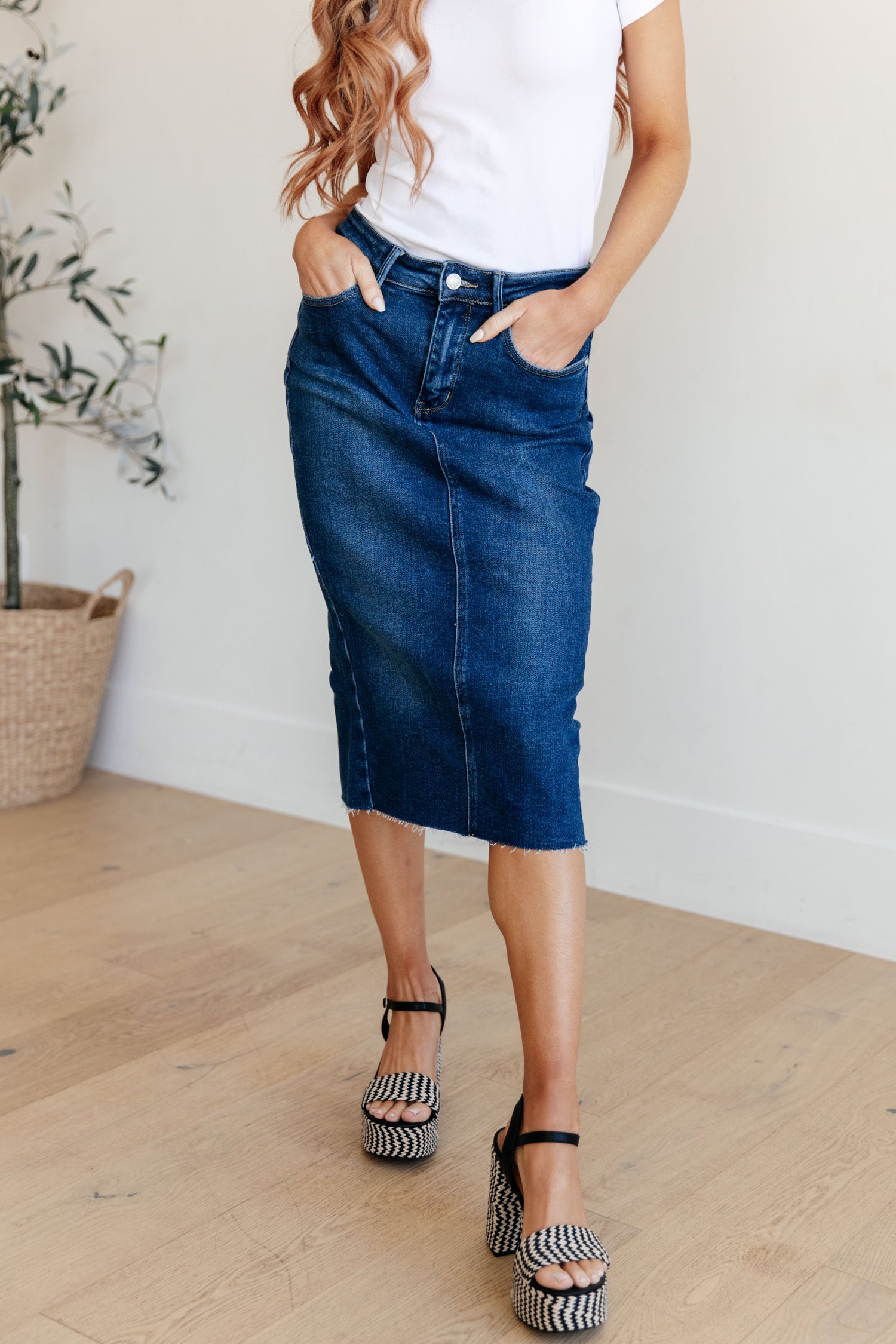 Marcy High Rise Denim Midi Skirt Womens Skirts   