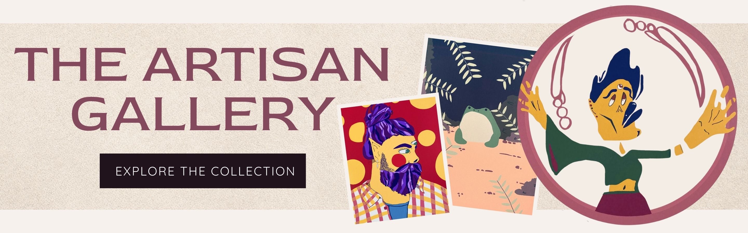 Banner for The Artisan Gallery with stylized artwork and text | Three Mad Hatters Mercantile | Jackson, MS