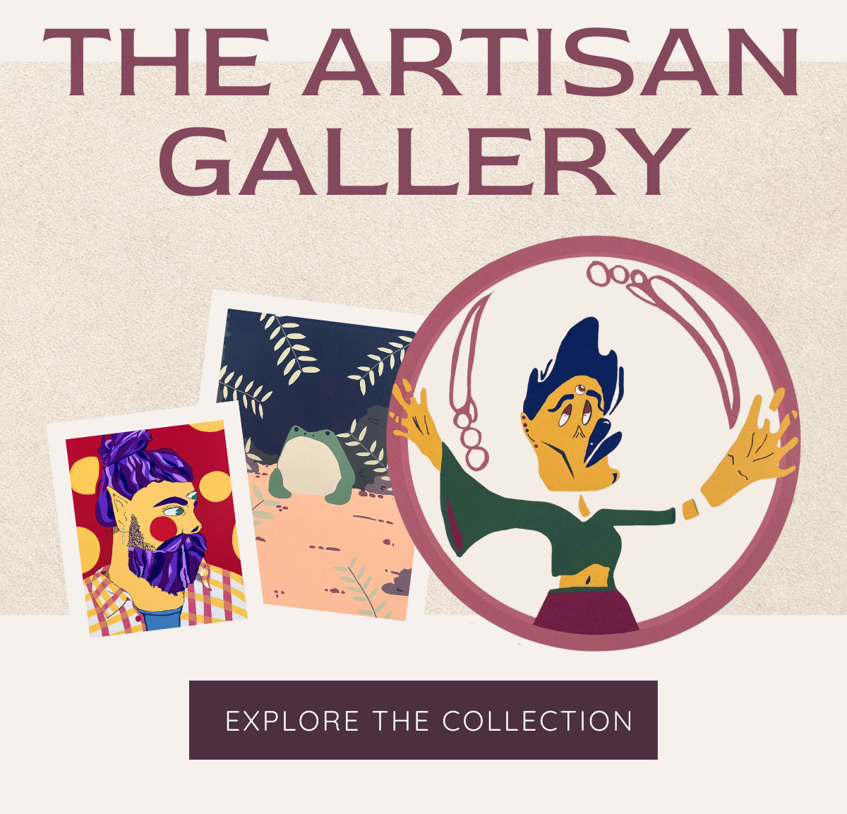 Banner for The Artisan Gallery with stylized artwork and text | Three Mad Hatters Mercantile | Jackson, MS