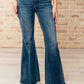 Miley High Waist Control Top Frayed Hem Flare Jeans Womens   