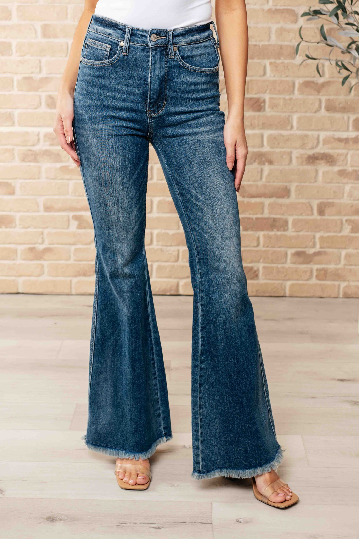 Miley High Waist Control Top Frayed Hem Flare Jeans Womens   