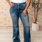 Miley High Waist Control Top Frayed Hem Flare Jeans Womens   