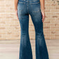 Miley High Waist Control Top Frayed Hem Flare Jeans Womens   