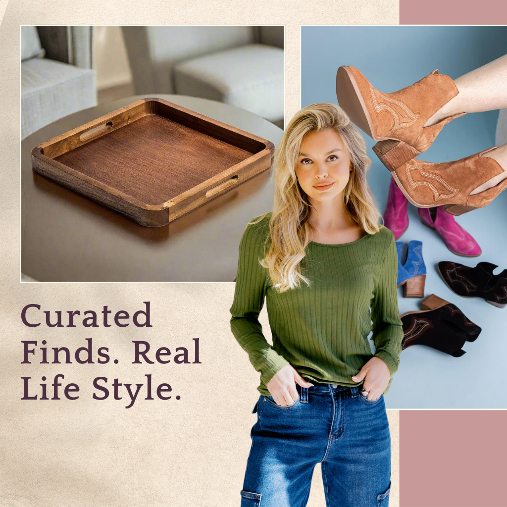Promotional image with a wooden tray, a woman in a green sweater, and shoes on a light blue background | Curated Finds, Real Life Style | Three Mad Hatters | Jackson, MS