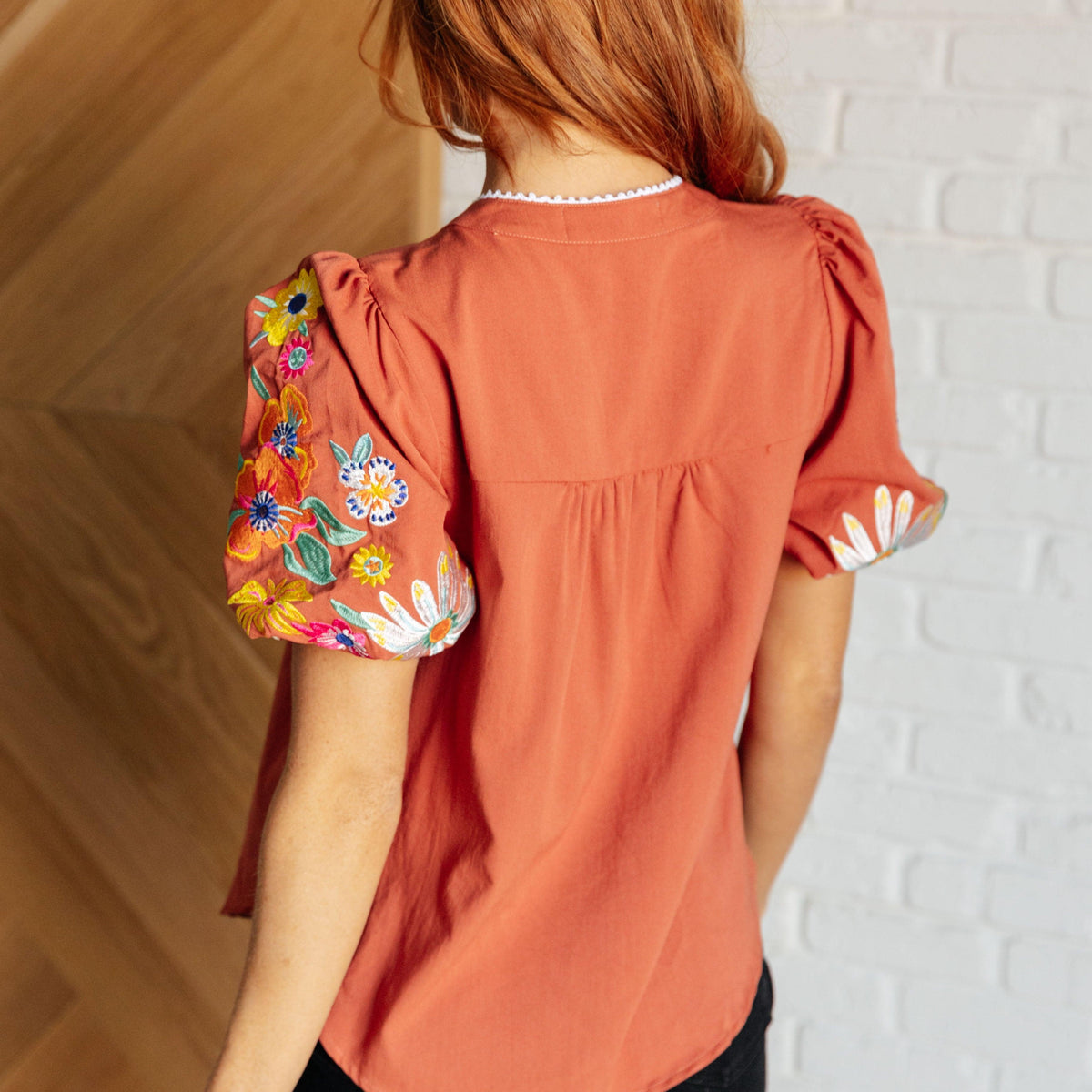 No Concerns Embroidered Sleeve Blouse - Three Mad Hatters Mercantile 