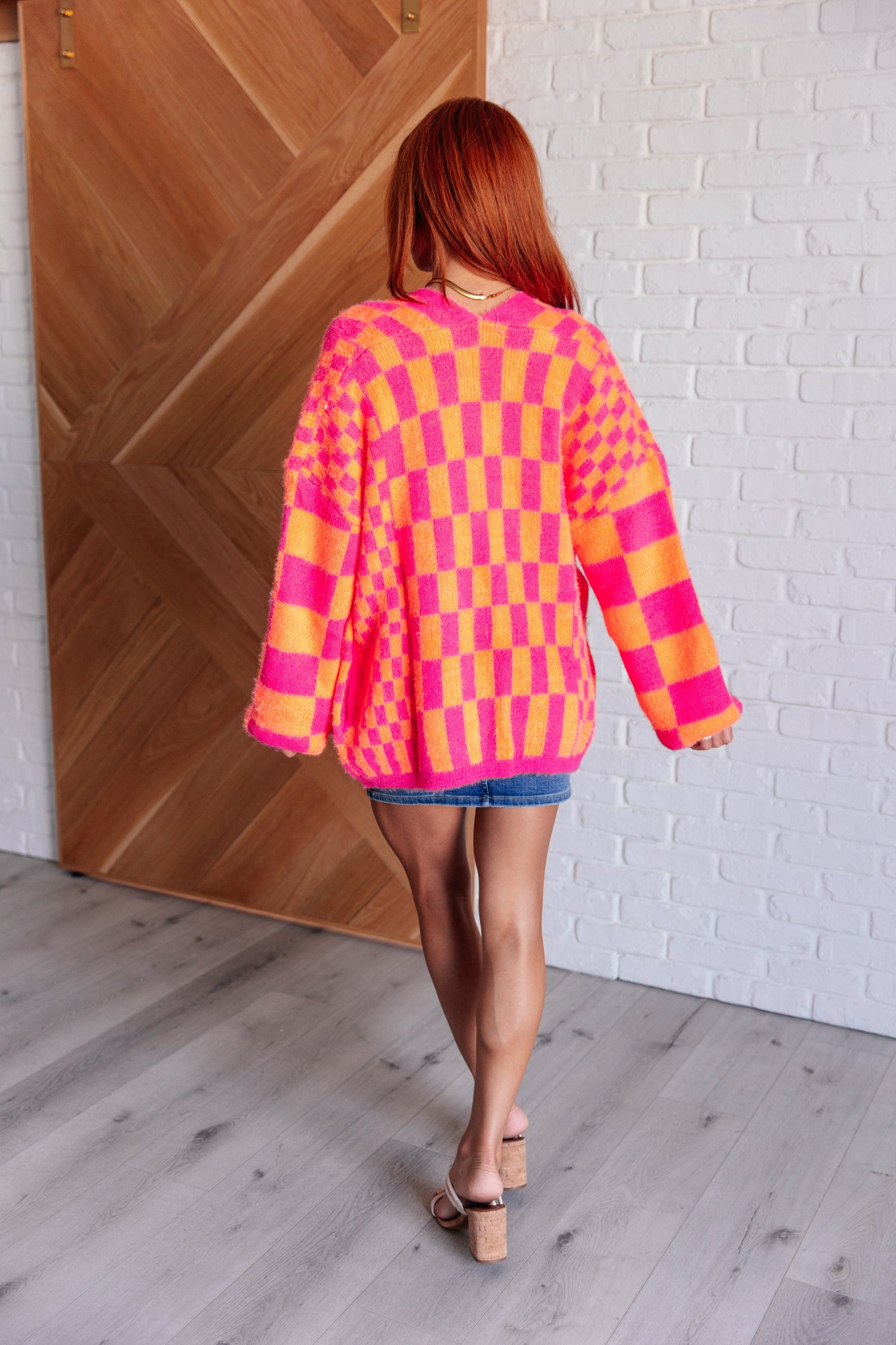 Noticed in Neon Checkered Cardigan in Pink and Orange Womens Cardigan   