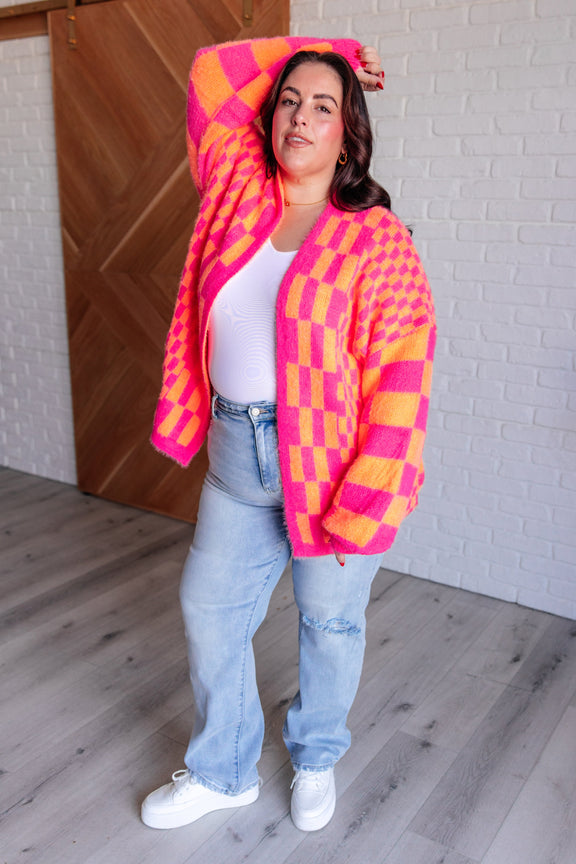 Noticed in Neon Checkered Cardigan in Pink and Orange Womens Cardigan   