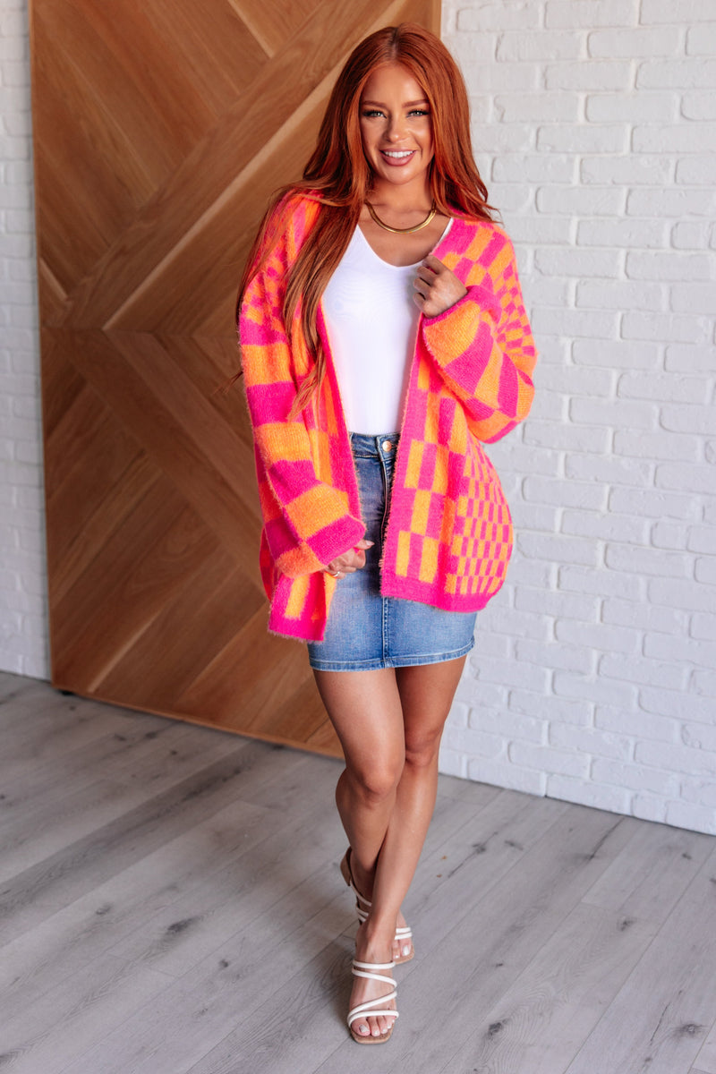 Noticed in Neon Checkered Cardigan in Pink and Orange Womens Cardigan   