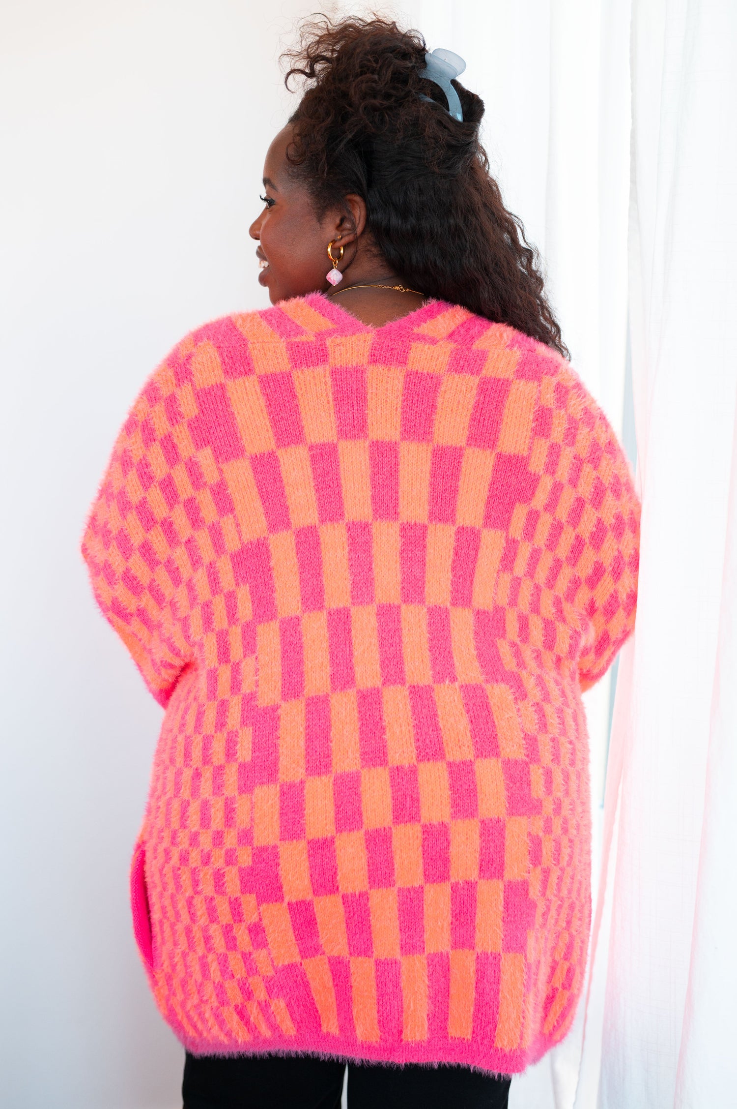 Noticed in Neon Checkered Cardigan in Pink and Orange Womens Cardigan   