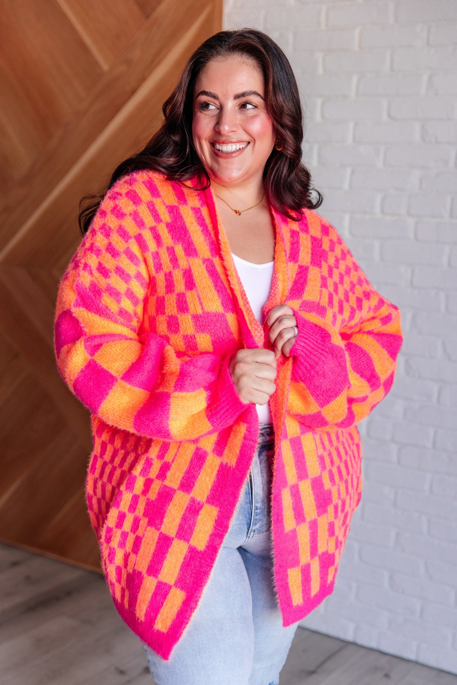 Noticed in Neon Checkered Cardigan in Pink and Orange Womens Cardigan   