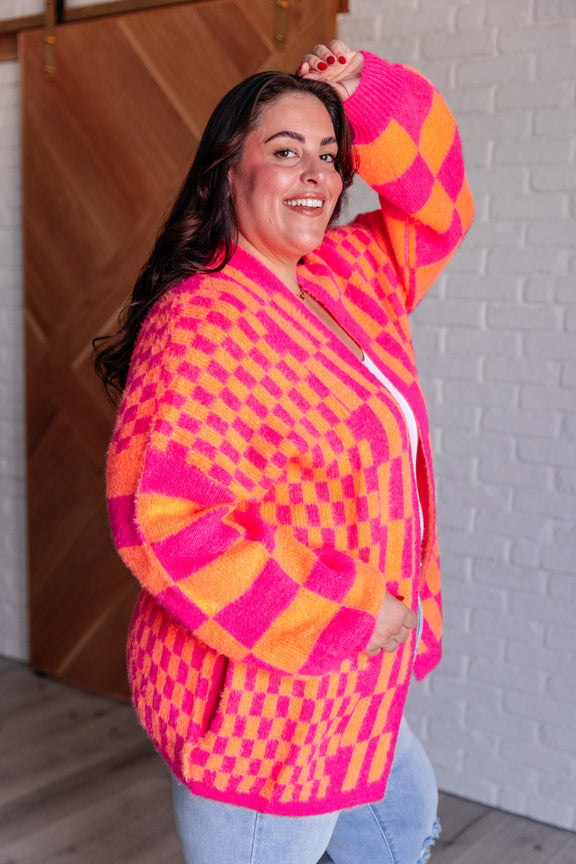 Noticed in Neon Checkered Cardigan in Pink and Orange Womens Cardigan   