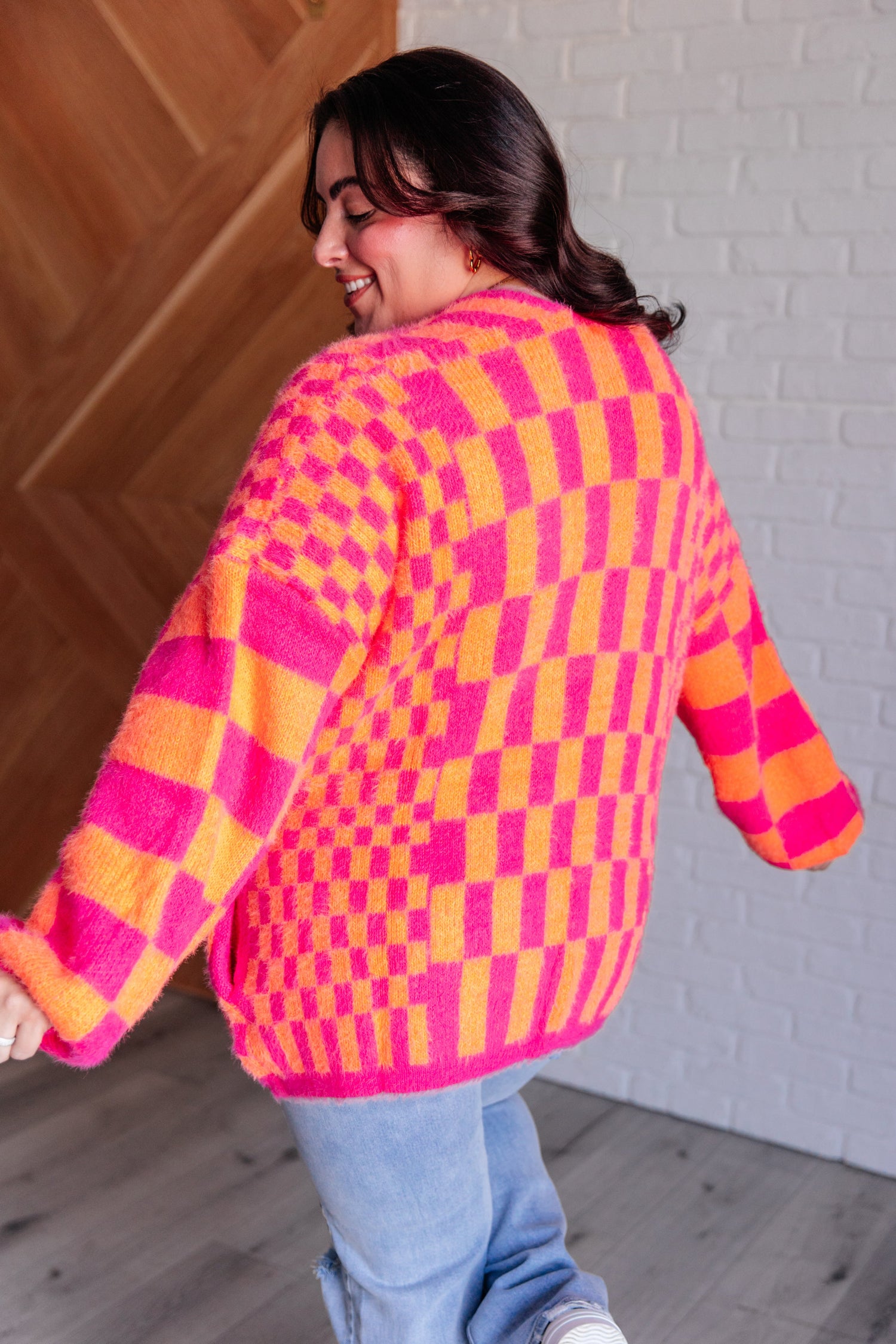 Noticed in Neon Checkered Cardigan in Pink and Orange Womens Cardigan   