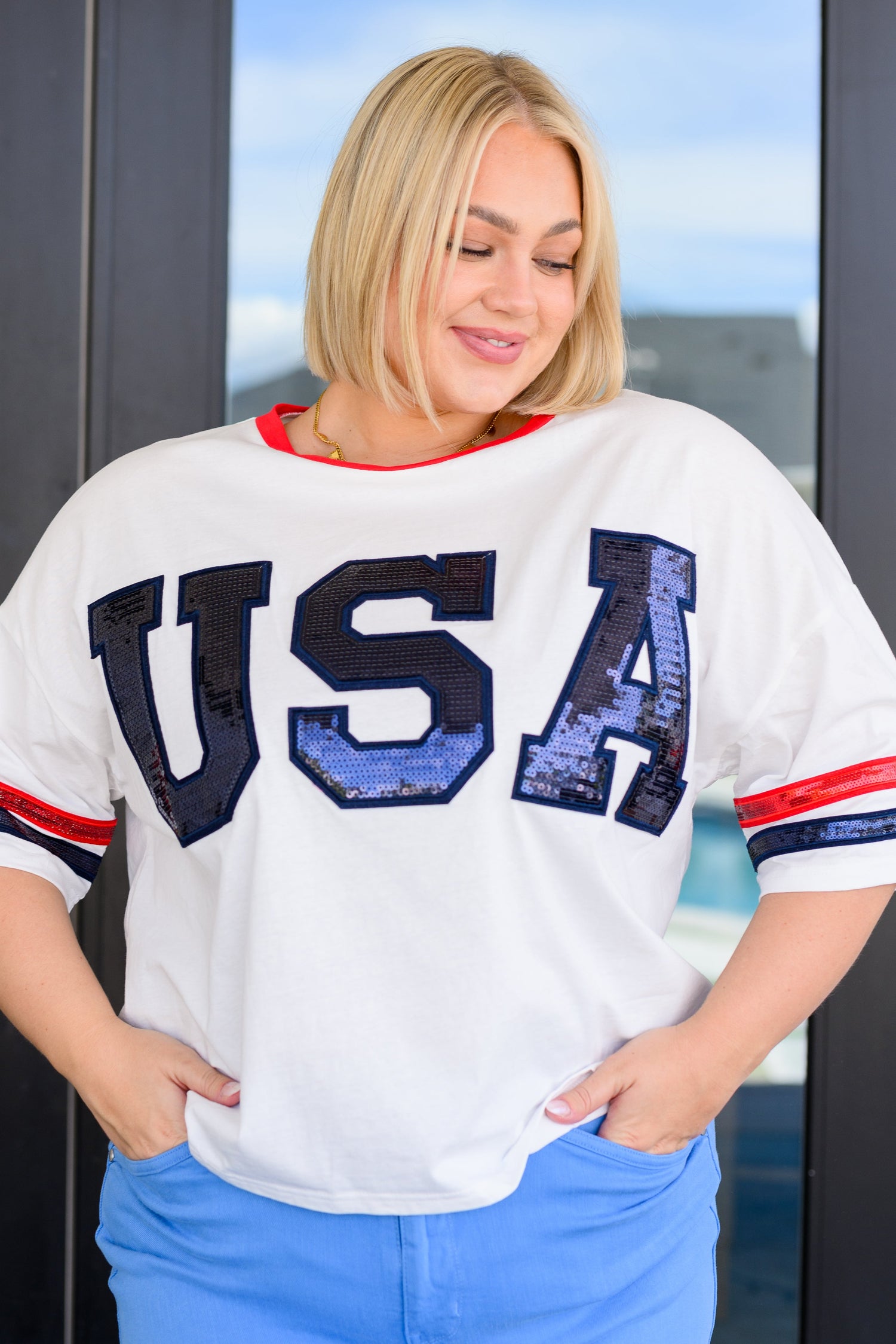 Party In The USA Drop Shoulder Top Womens Tops   