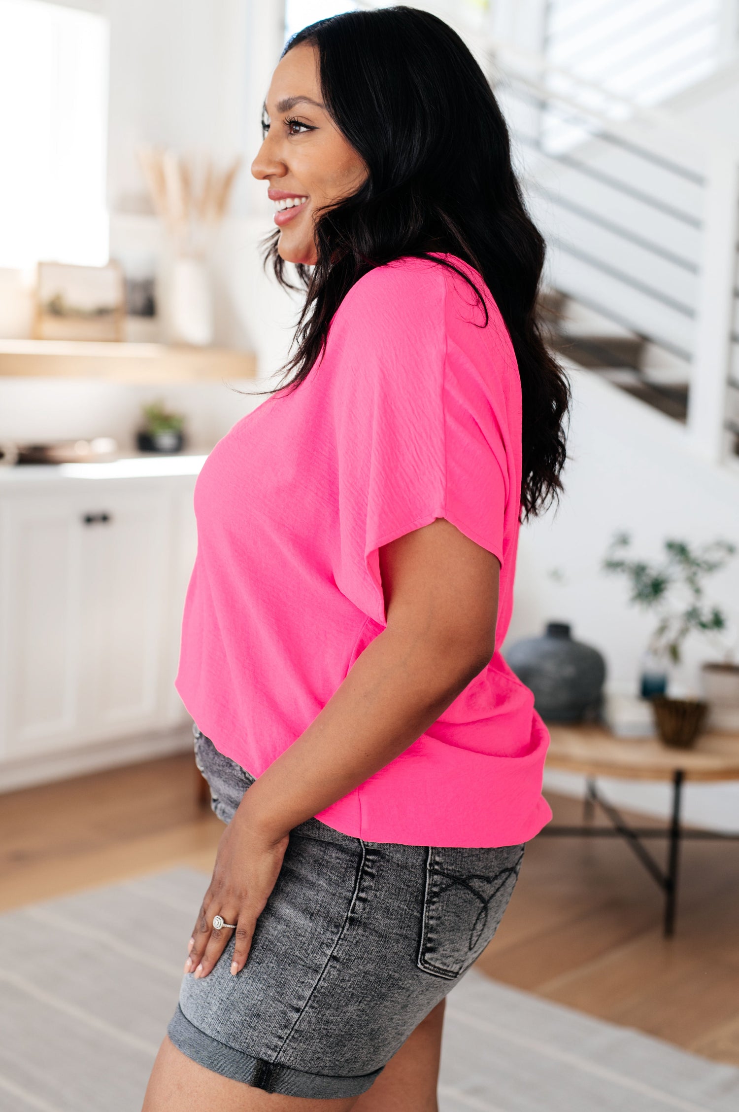 Passionately Pink V Neck Blouse Womens Tops   