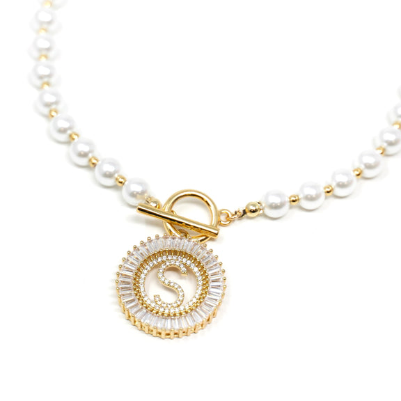 Pearl Chain Radiant Initial Necklace Necklaces Gold A 