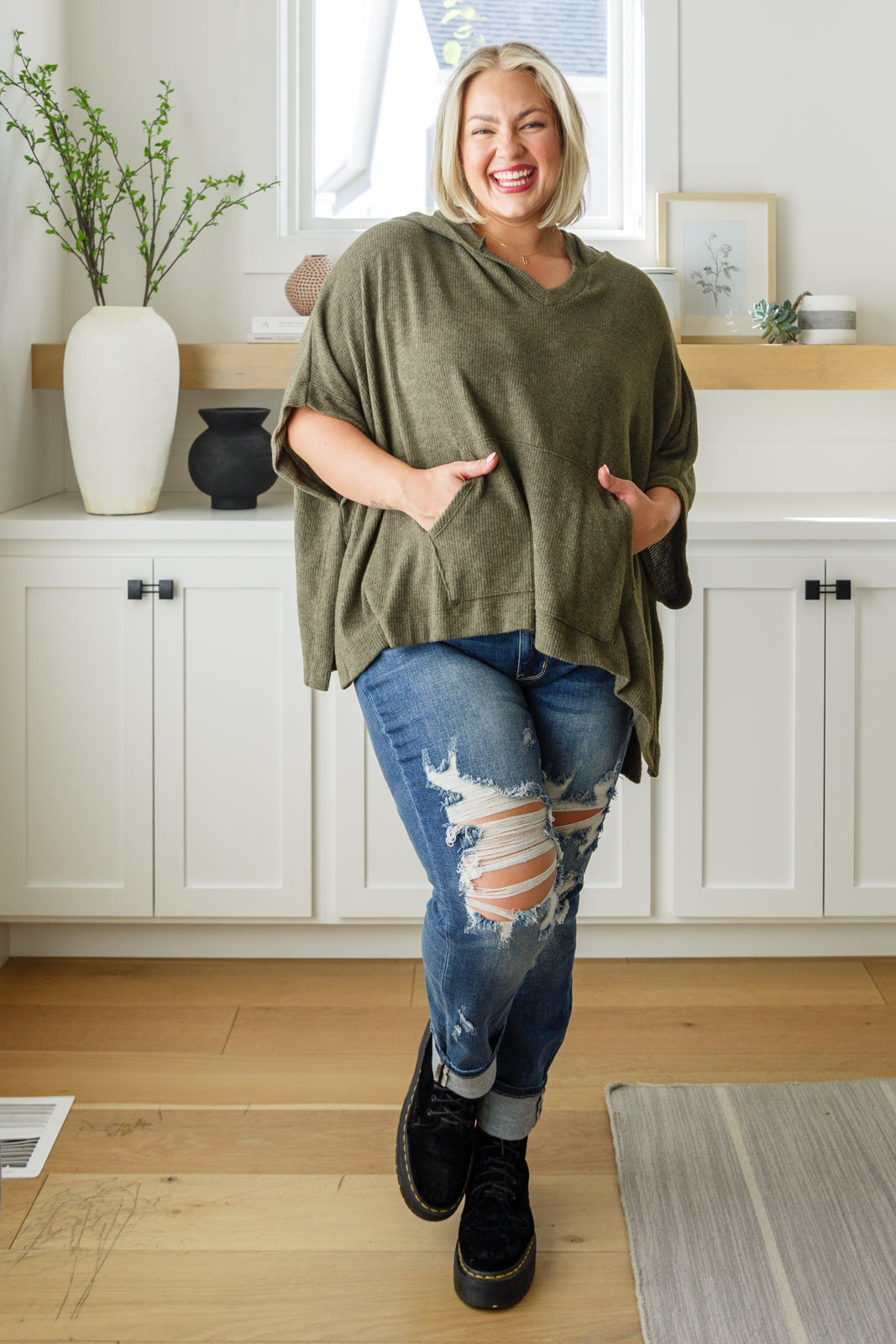 Perfectly Poised Hooded Poncho in Olive Layers