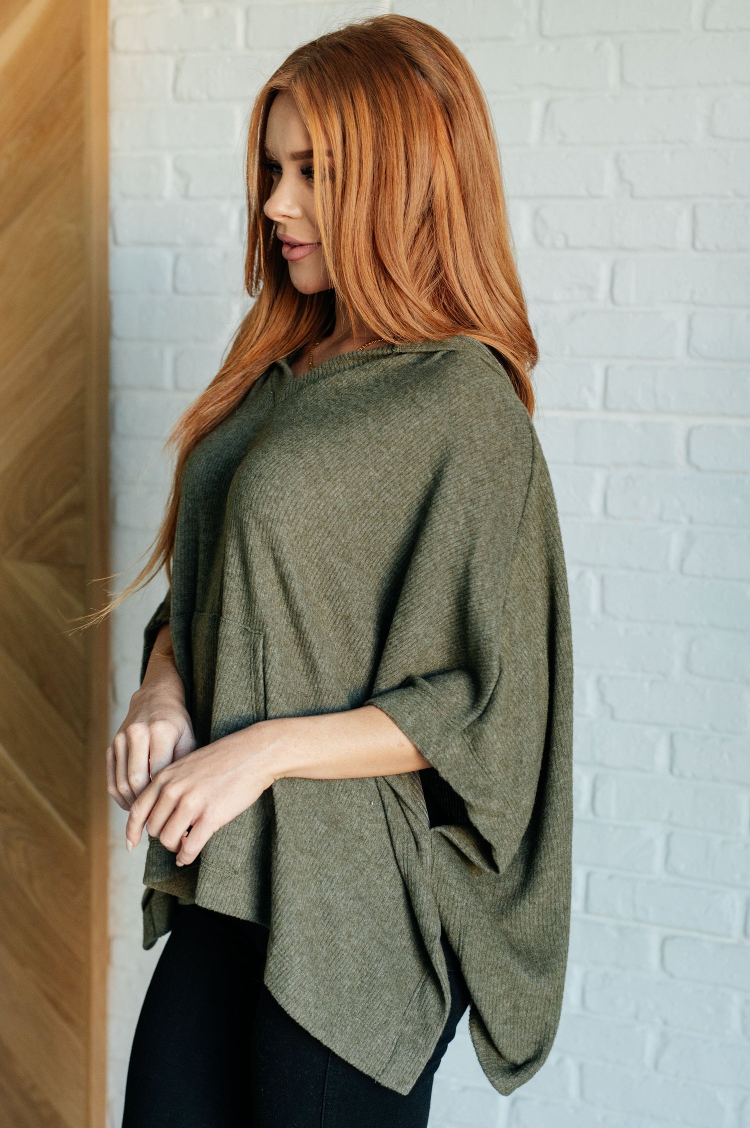 Perfectly Poised Hooded Poncho in Olive Layers