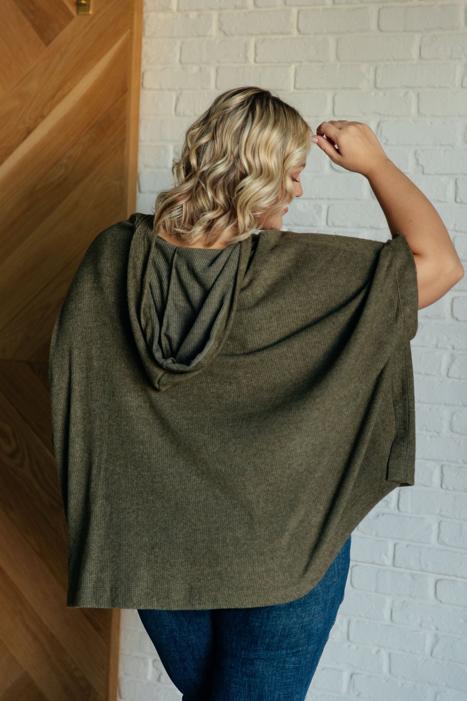 Perfectly Poised Hooded Poncho in Olive Layers