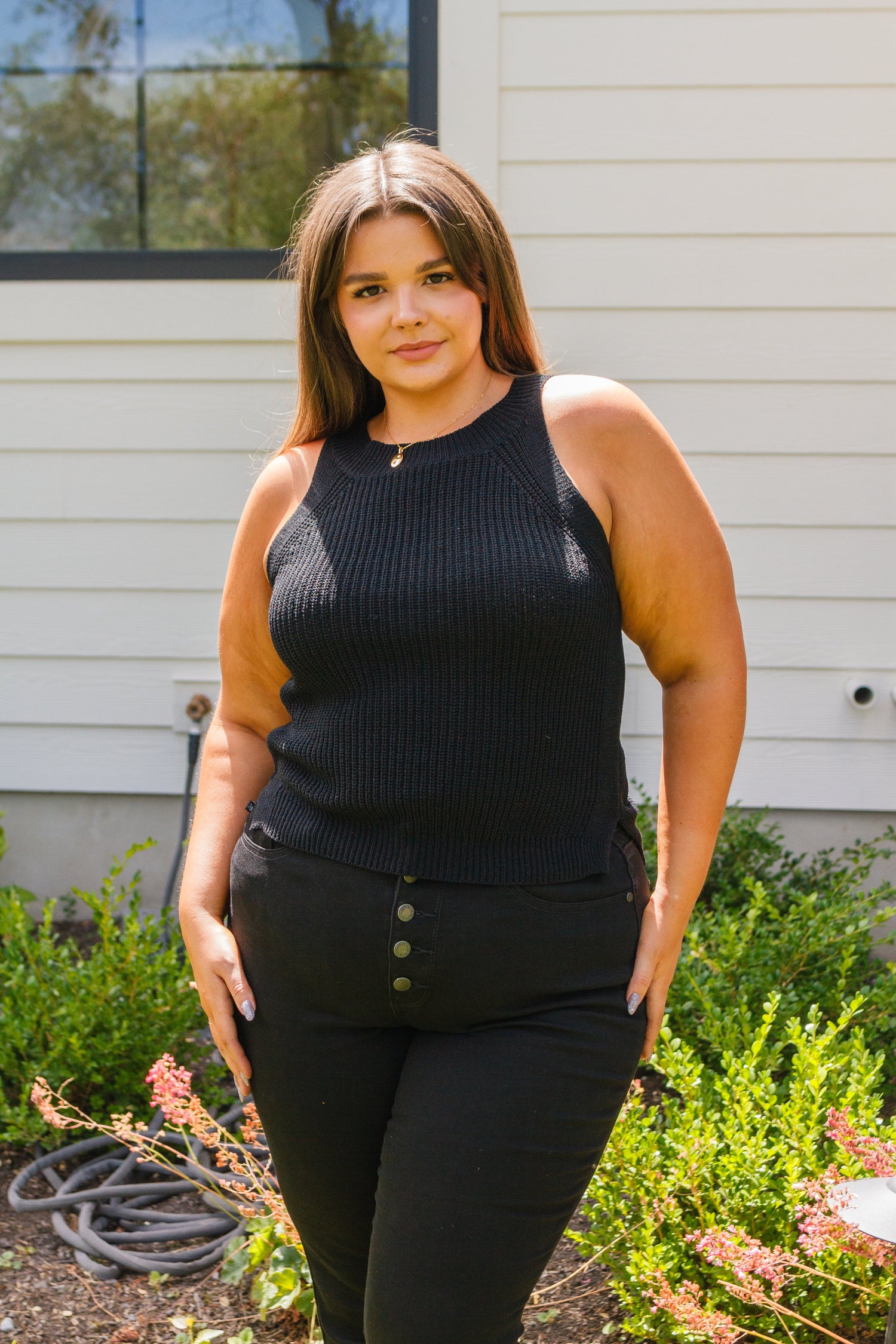 Previous Engagement Halter Neck Sweater Tank in Black Tops   