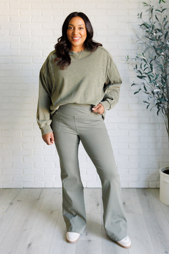 Building Habits Twill Flared Crossover Waist Pant in Dusty Olive Bottoms   