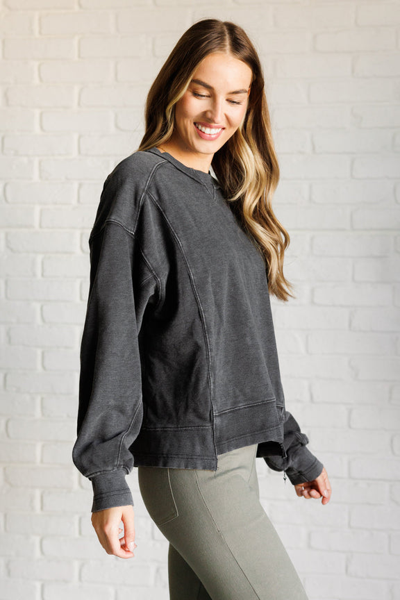 Quick Fix Mineral Wash Crew Neck Pullover in Black Tops   