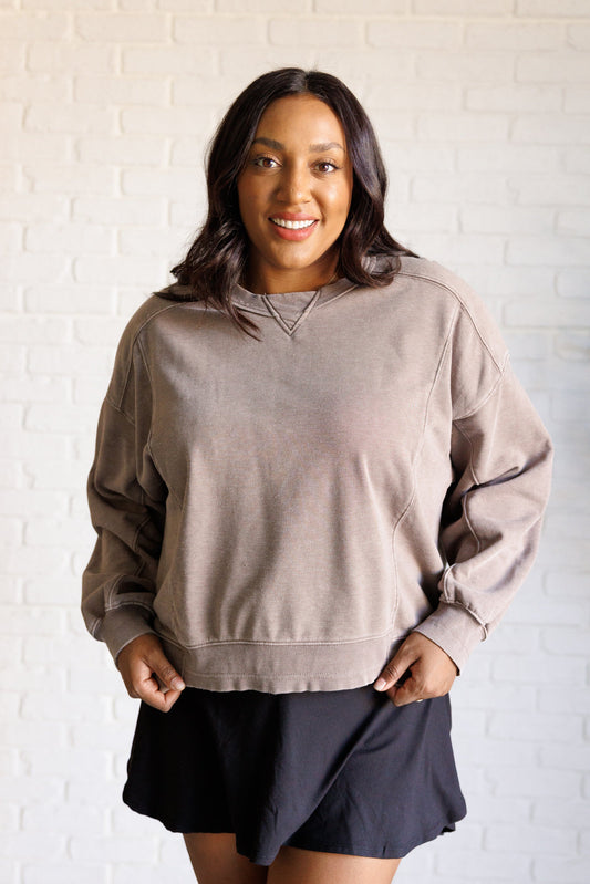 Quick Fix Mineral Wash Crew Neck Pullover in Mocha Tops   