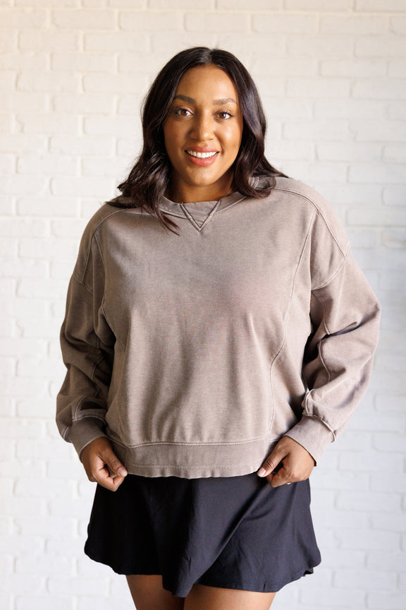 Quick Fix Mineral Wash Crew Neck Pullover in Mocha Tops   