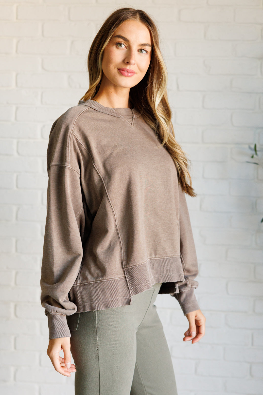 Quick Fix Mineral Wash Crew Neck Pullover in Mocha Tops   