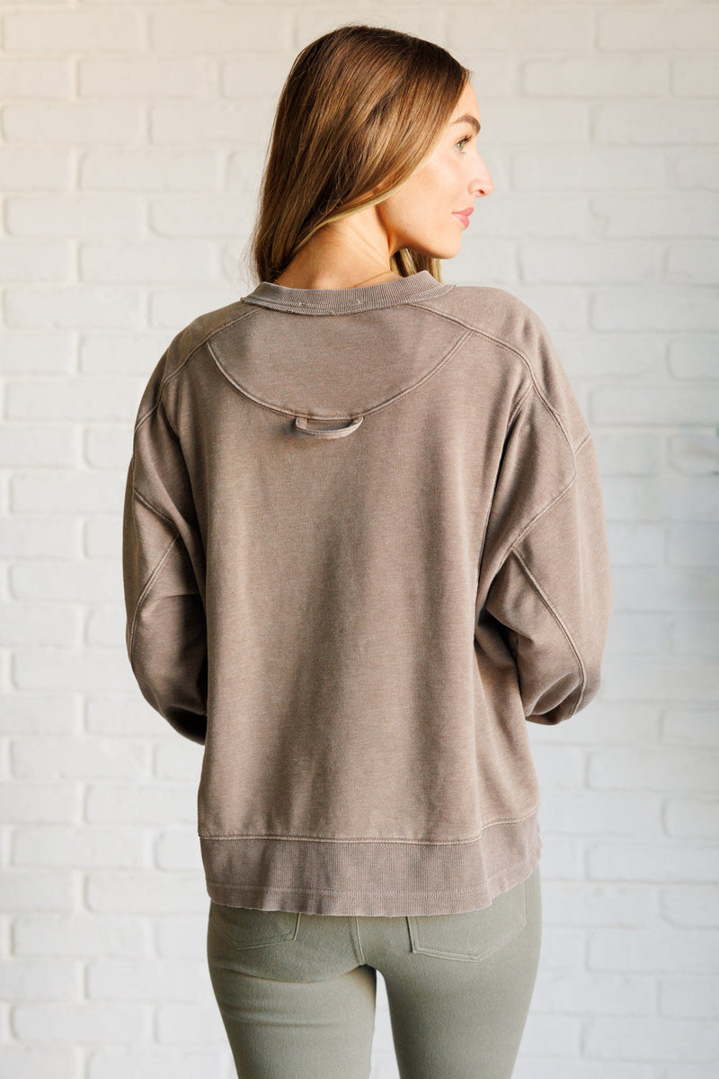 Quick Fix Mineral Wash Crew Neck Pullover in Mocha Tops   