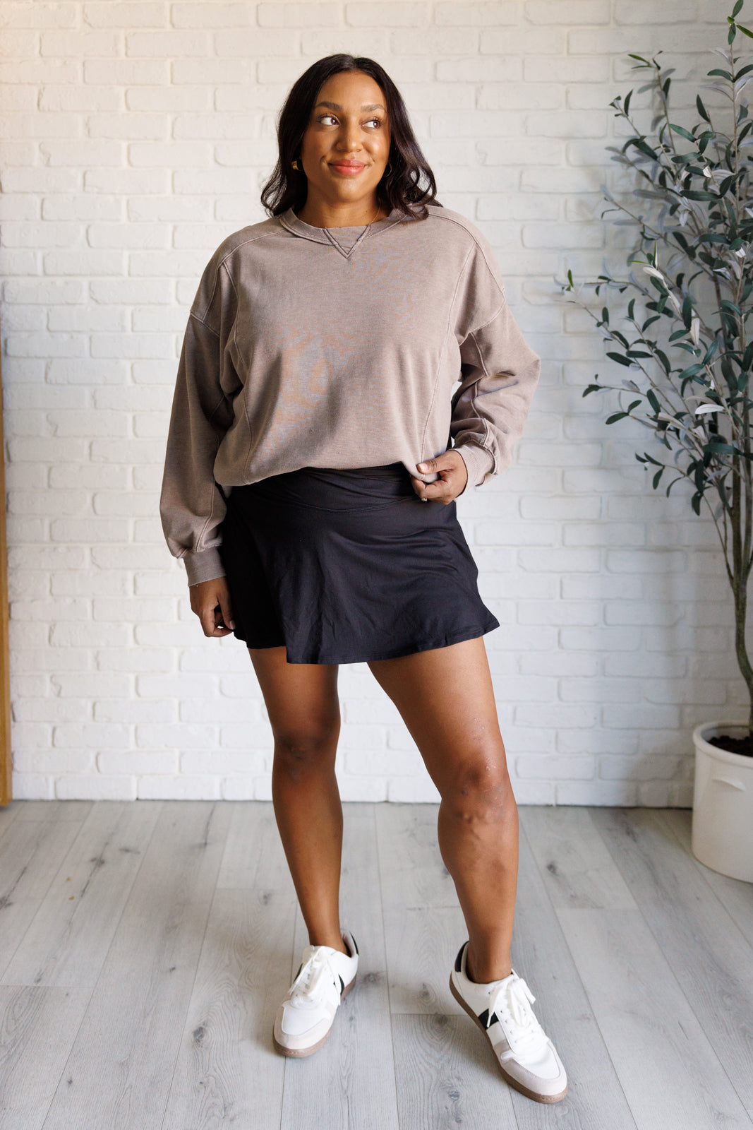 Quick Fix Mineral Wash Crew Neck Pullover in Mocha Tops   