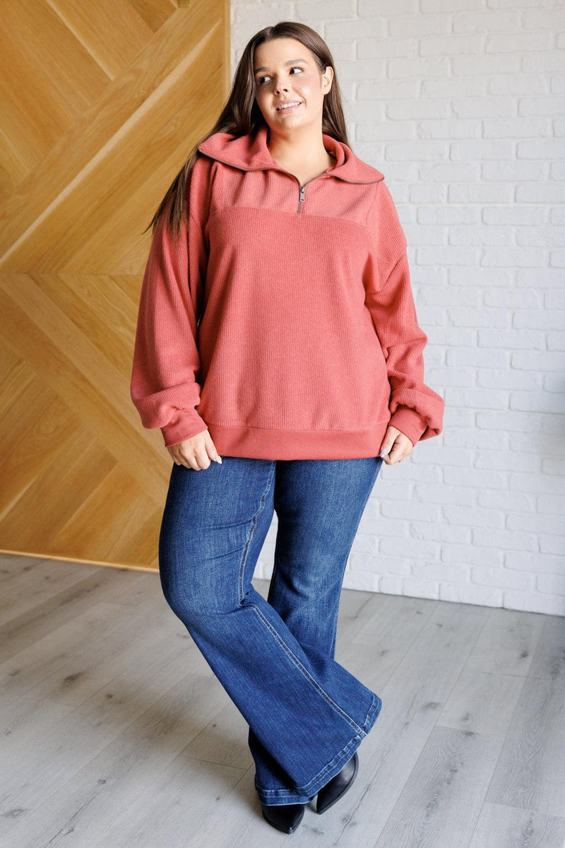 Quite the Impression Half Zip Pullover in Rust - Three Mad Hatters Mercantile 