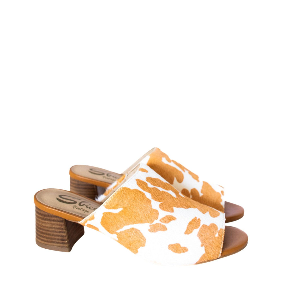 Richwood Peep Toe Tan and White Cowhide Slide - Three Mad Hatters Mercantile 