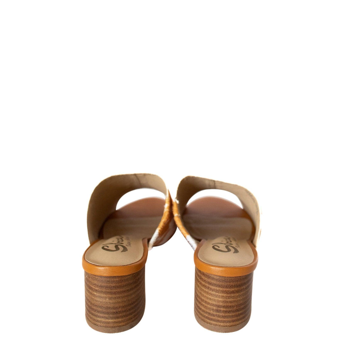 Richwood Peep Toe Tan and White Cowhide Slide - Three Mad Hatters Mercantile 