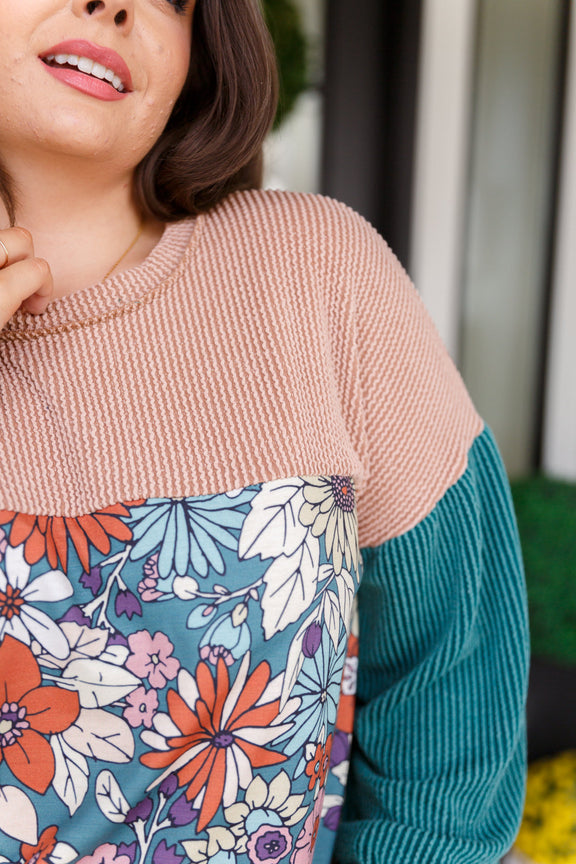 Retro and Ribbed Floral Color Block Top Tops   