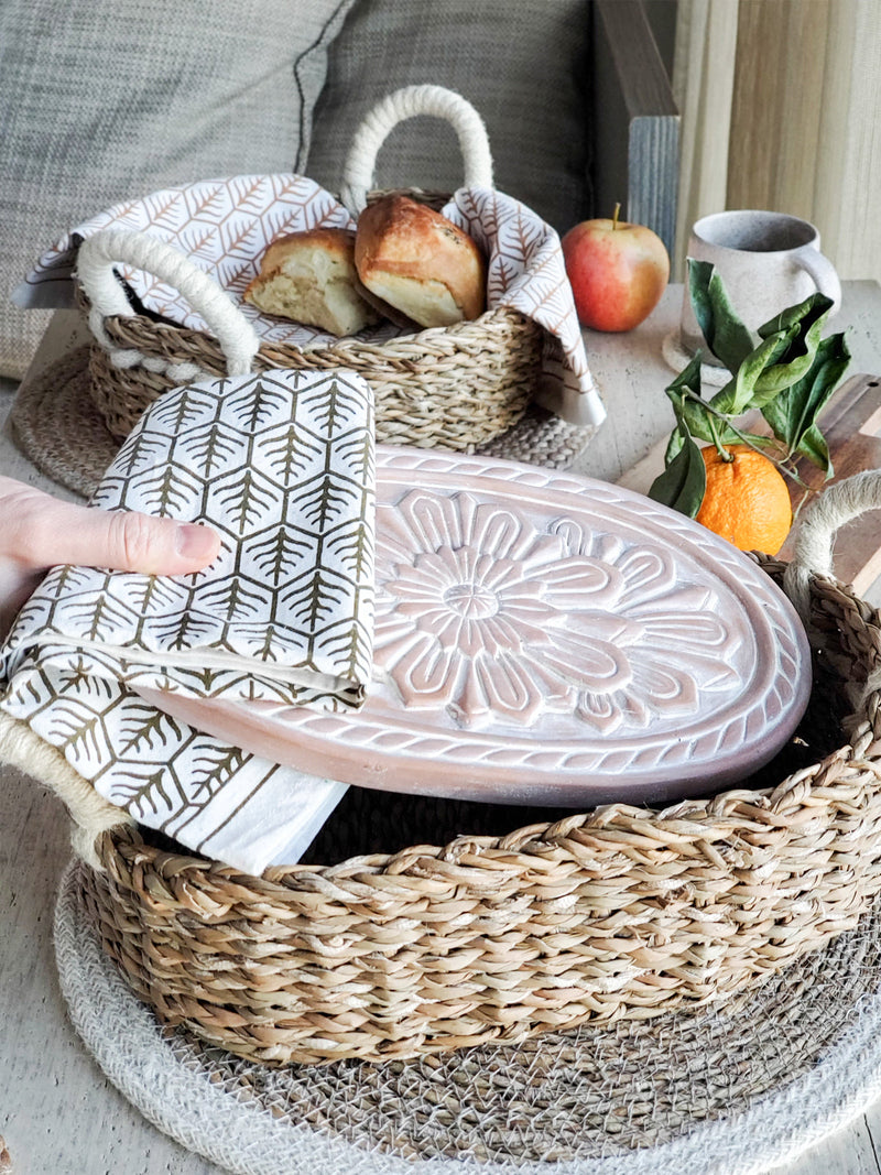 Bread Warmer & Basket Gift Set with Tea Towel - Flower Oval Bread Warmer & Basket, Tea Towel Set   