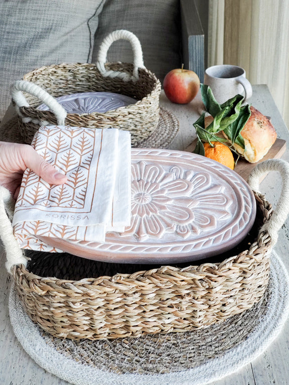 Bread Warmer & Basket Gift Set with Tea Towel - Flower Oval Bread Warmer & Basket, Tea Towel Set   