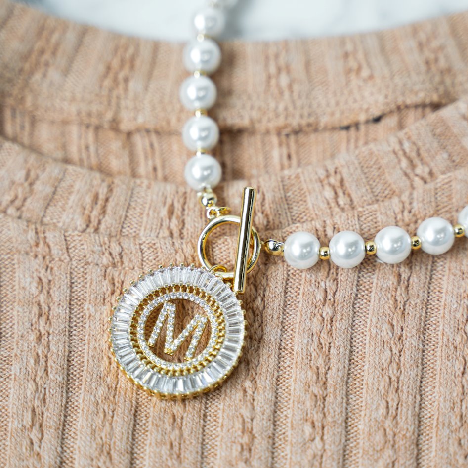 Pearl Chain Radiant Initial Necklace Necklaces   