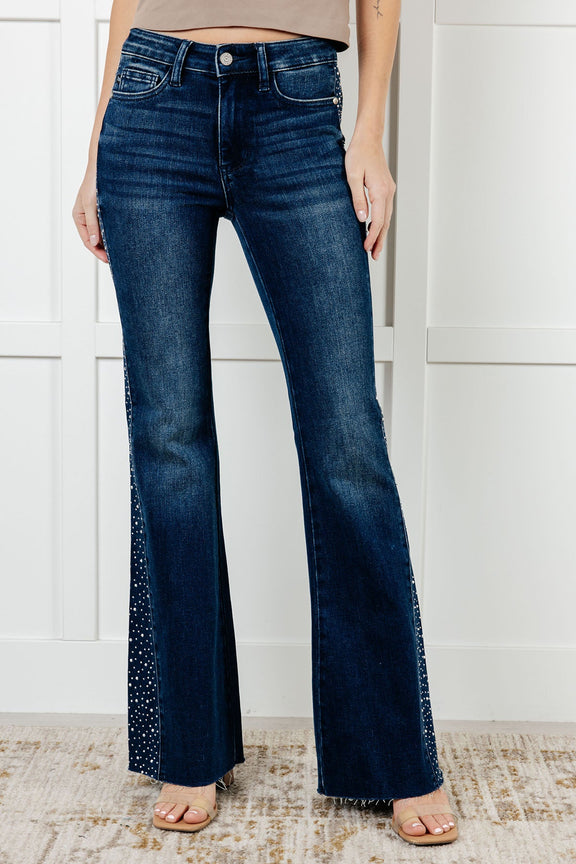 Shannon Mid Rise Rhinestone Detail Flare Jeans Womens