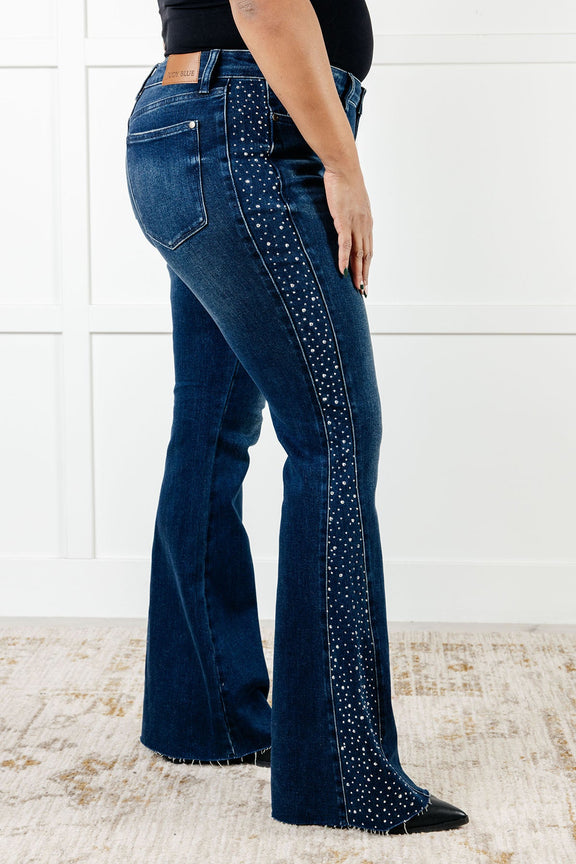 Shannon Mid Rise Rhinestone Detail Flare Jeans Womens