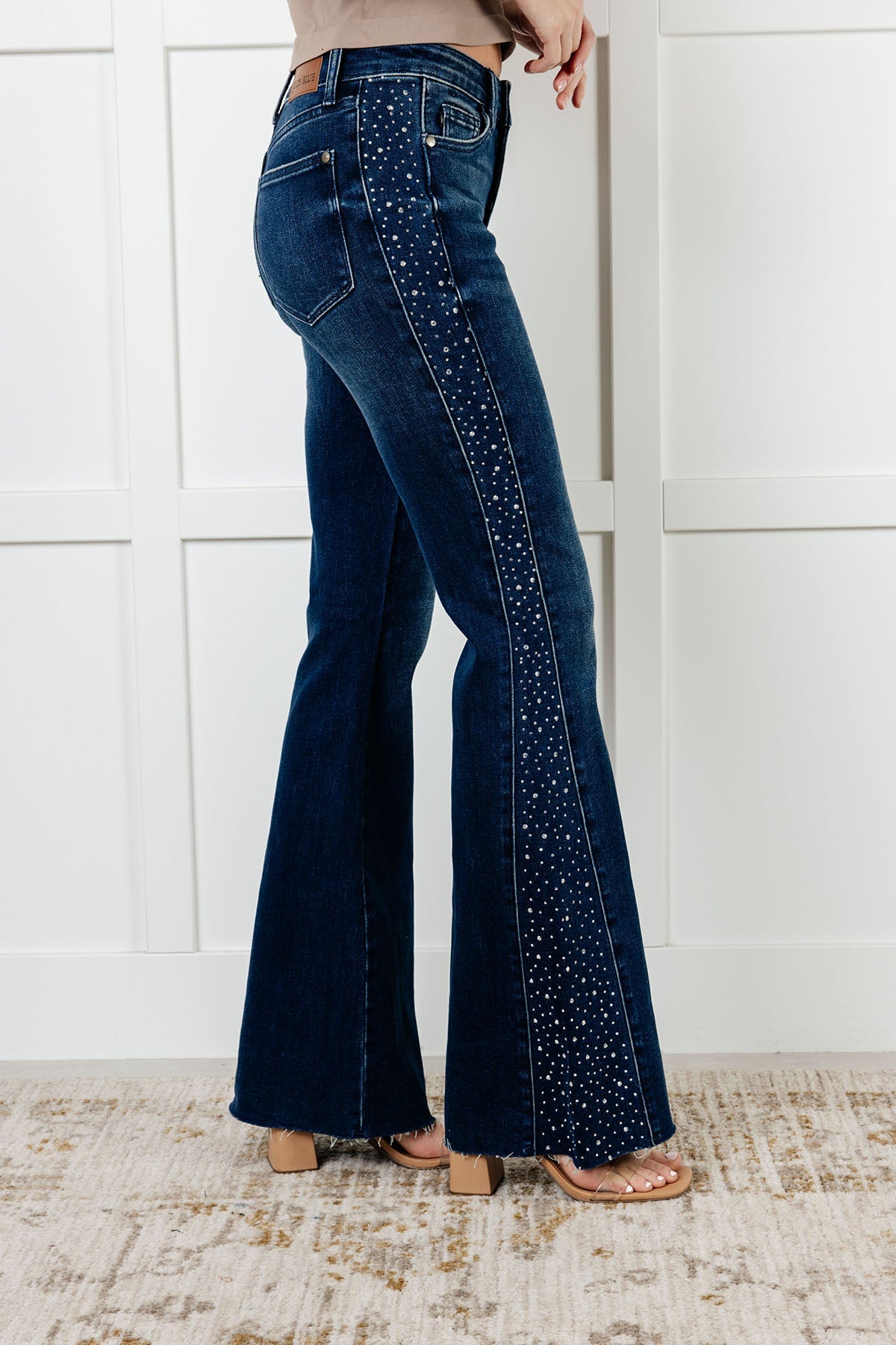 Shannon Mid Rise Rhinestone Detail Flare Jeans Womens