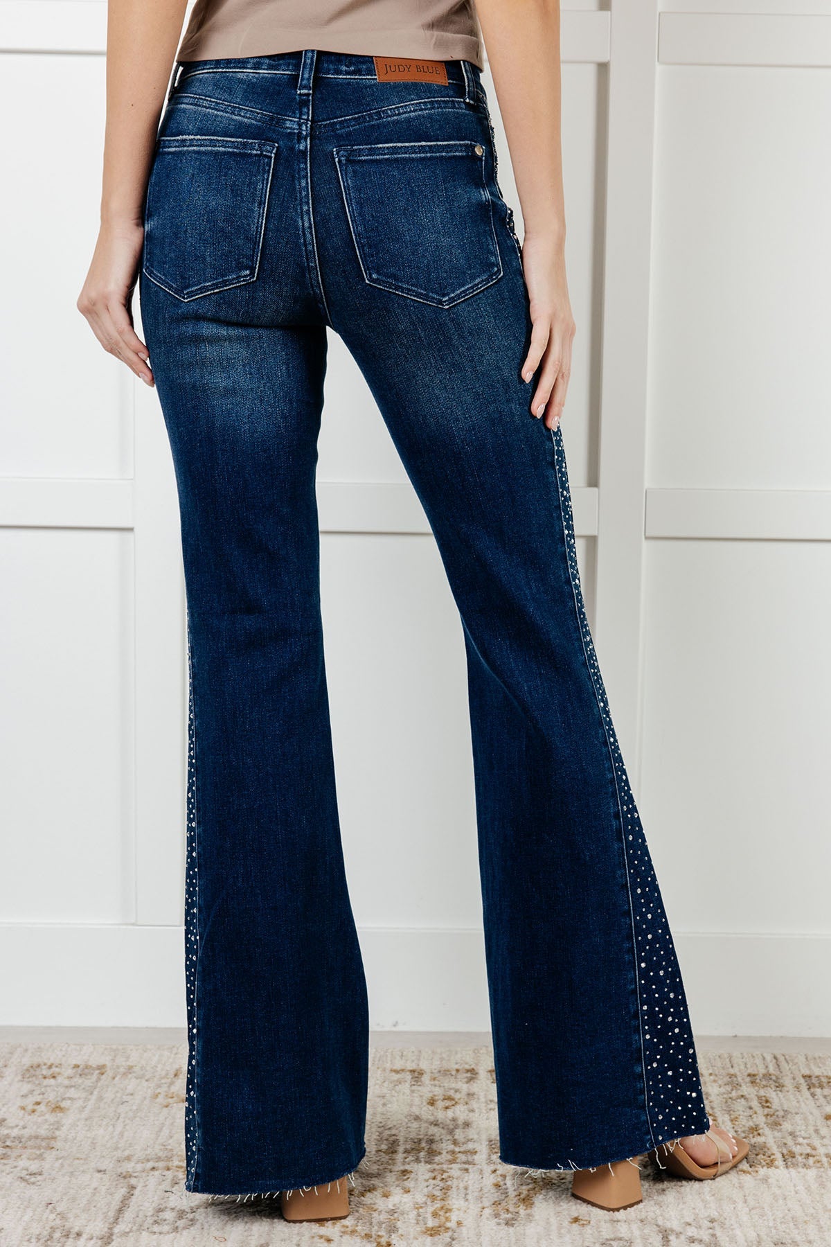 Shannon Mid Rise Rhinestone Detail Flare Jeans Womens