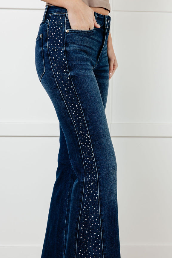 Shannon Mid Rise Rhinestone Detail Flare Jeans Womens