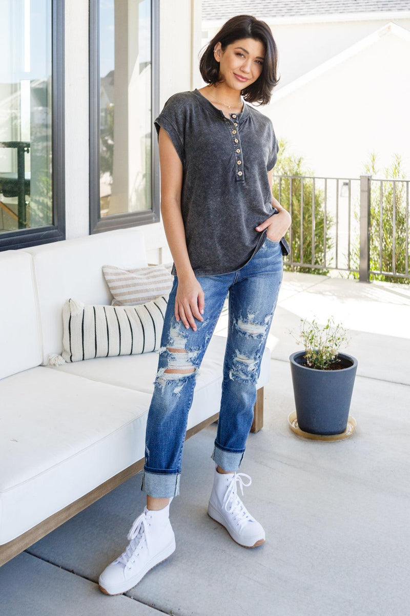 She's Alright Mineral Wash Sleeveless Henley - Three Mad Hatters Mercantile 