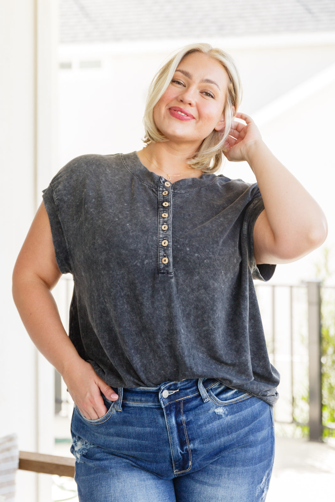 She's Alright Mineral Wash Sleeveless Henley Tops   