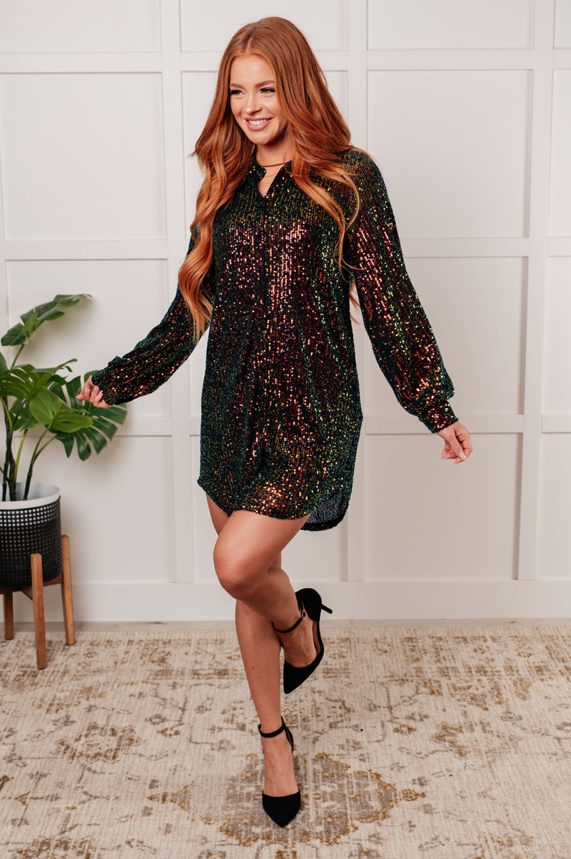 Shimmering Splendor Sequin Shirt Dress Dresses   