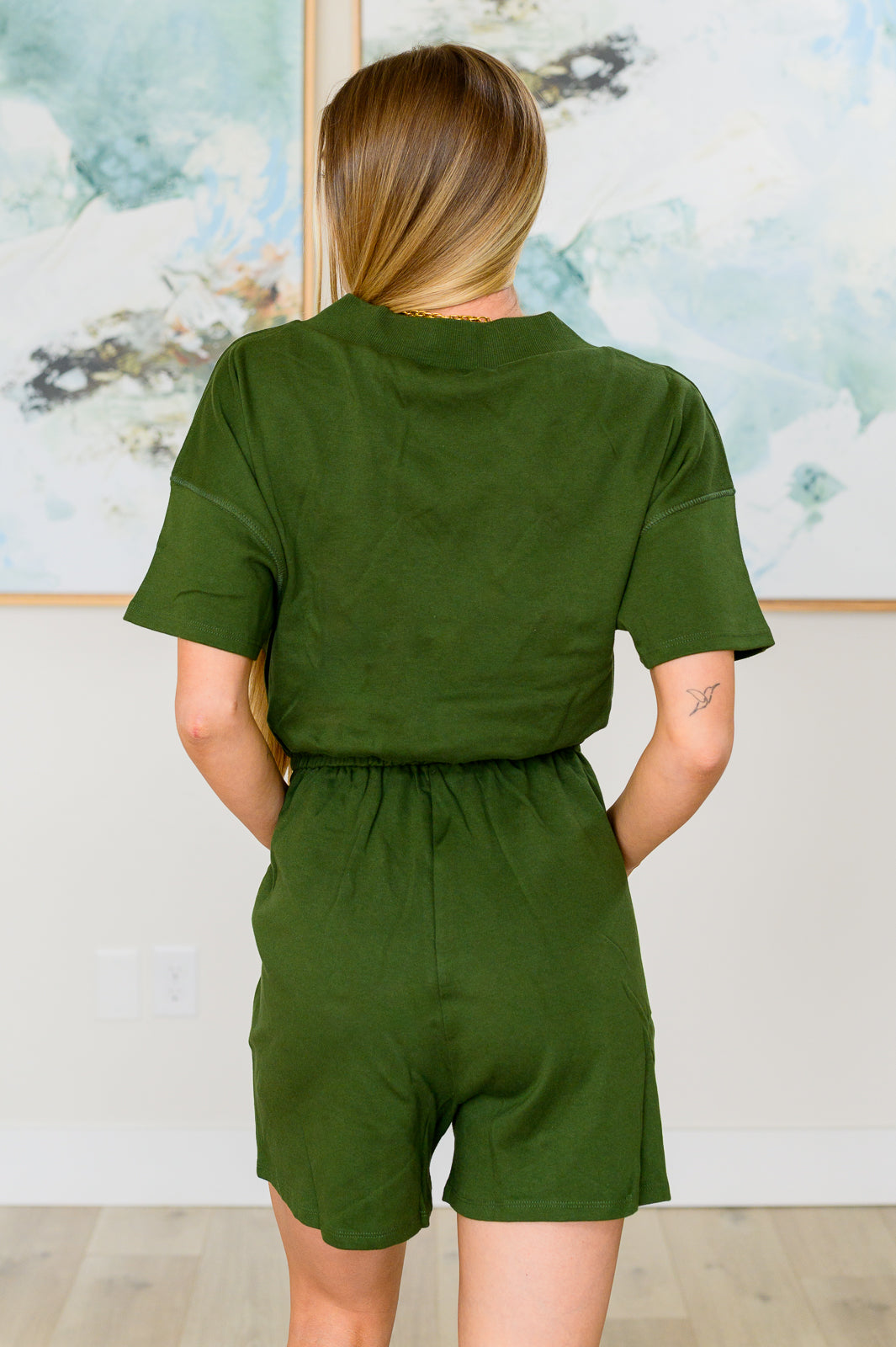 Short Sleeve V-Neck Romper in Army Green Womens Rompers   