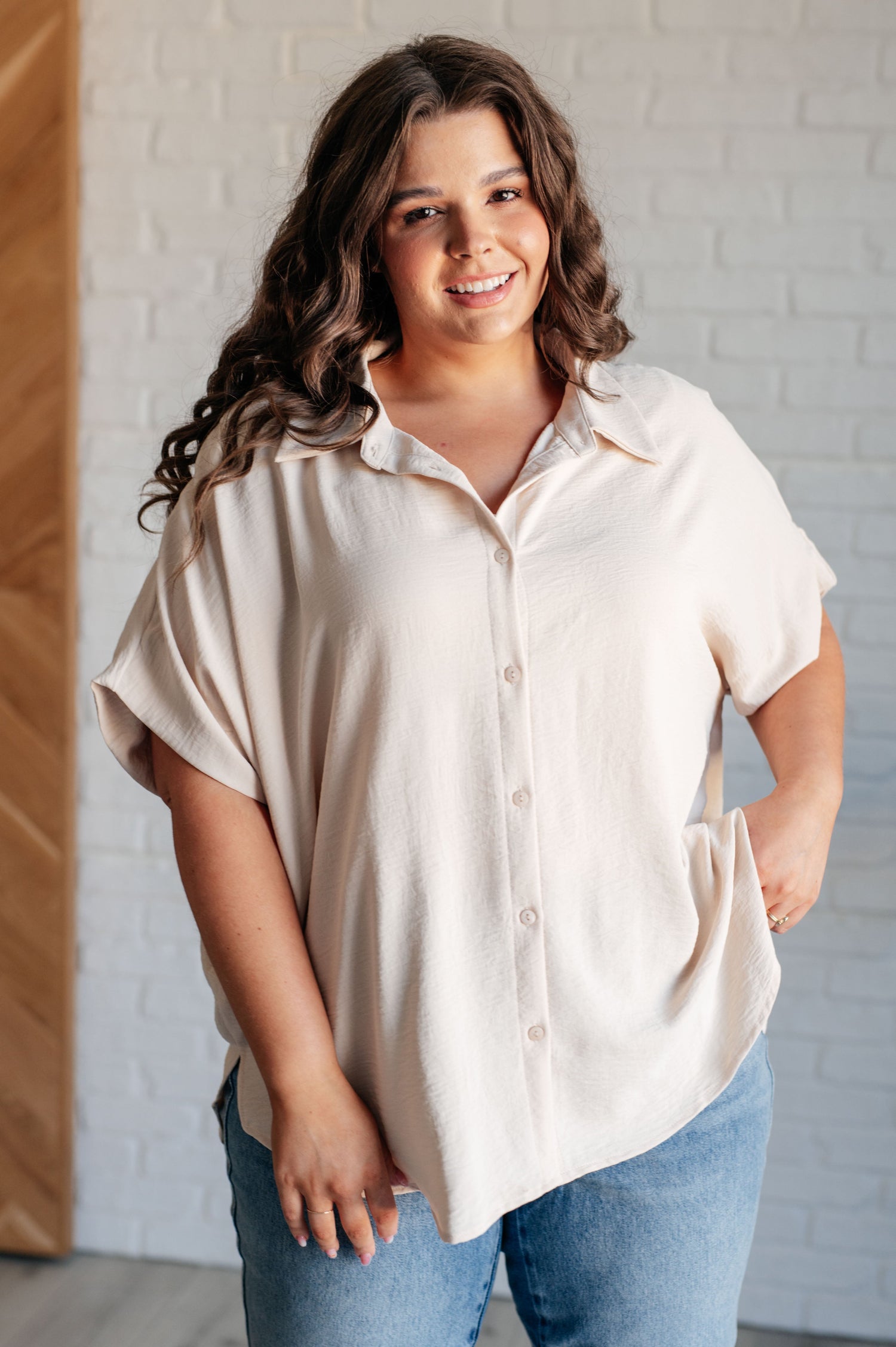 Sweet Simplicity Button Down Blouse in Oatmeal Tops   