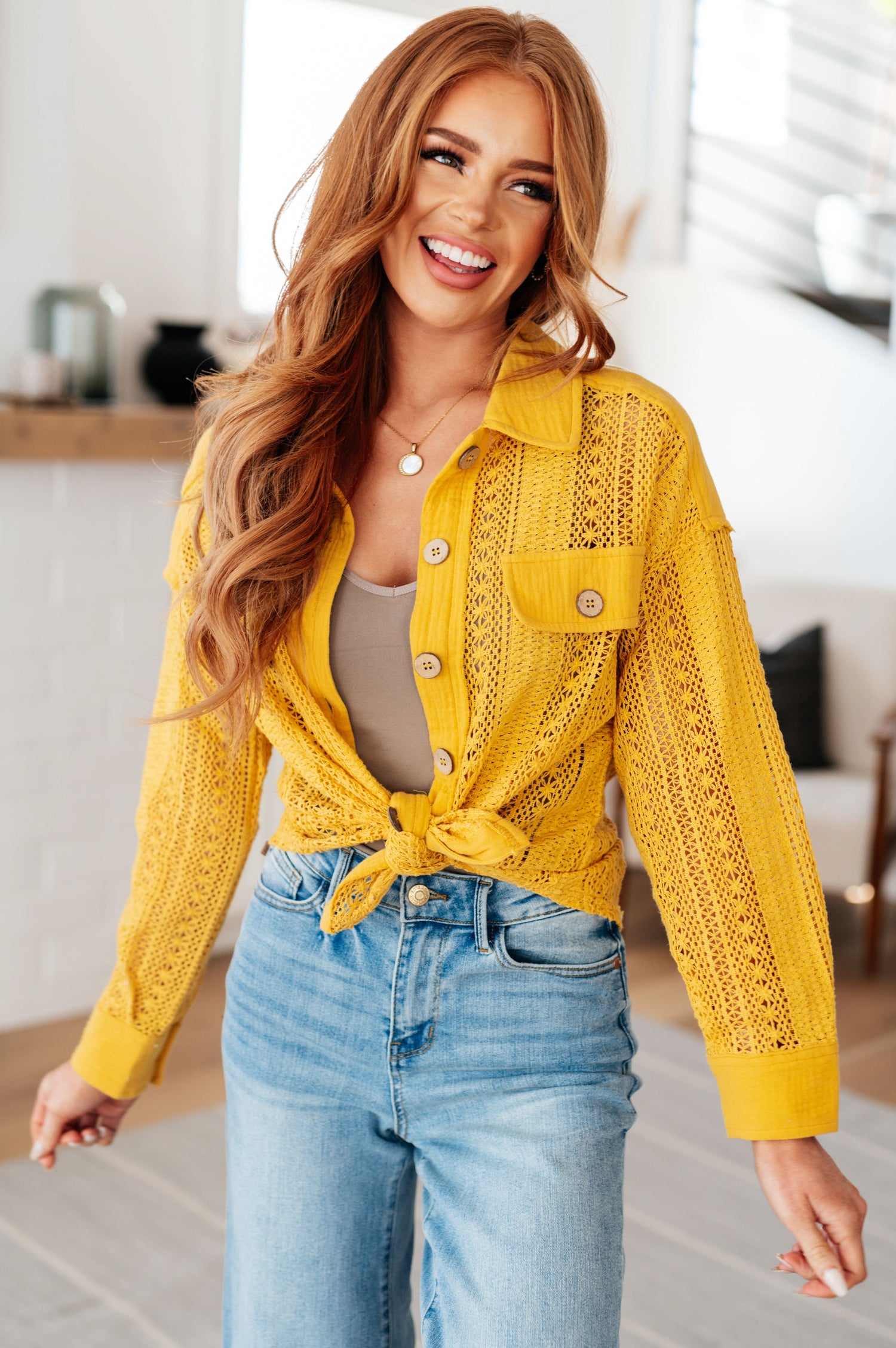 Sweeter Than Nectar Lace Button Down in Honey Womens Tops   